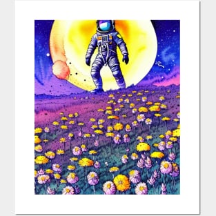 Astronaut Walking Through Flower Field Posters and Art